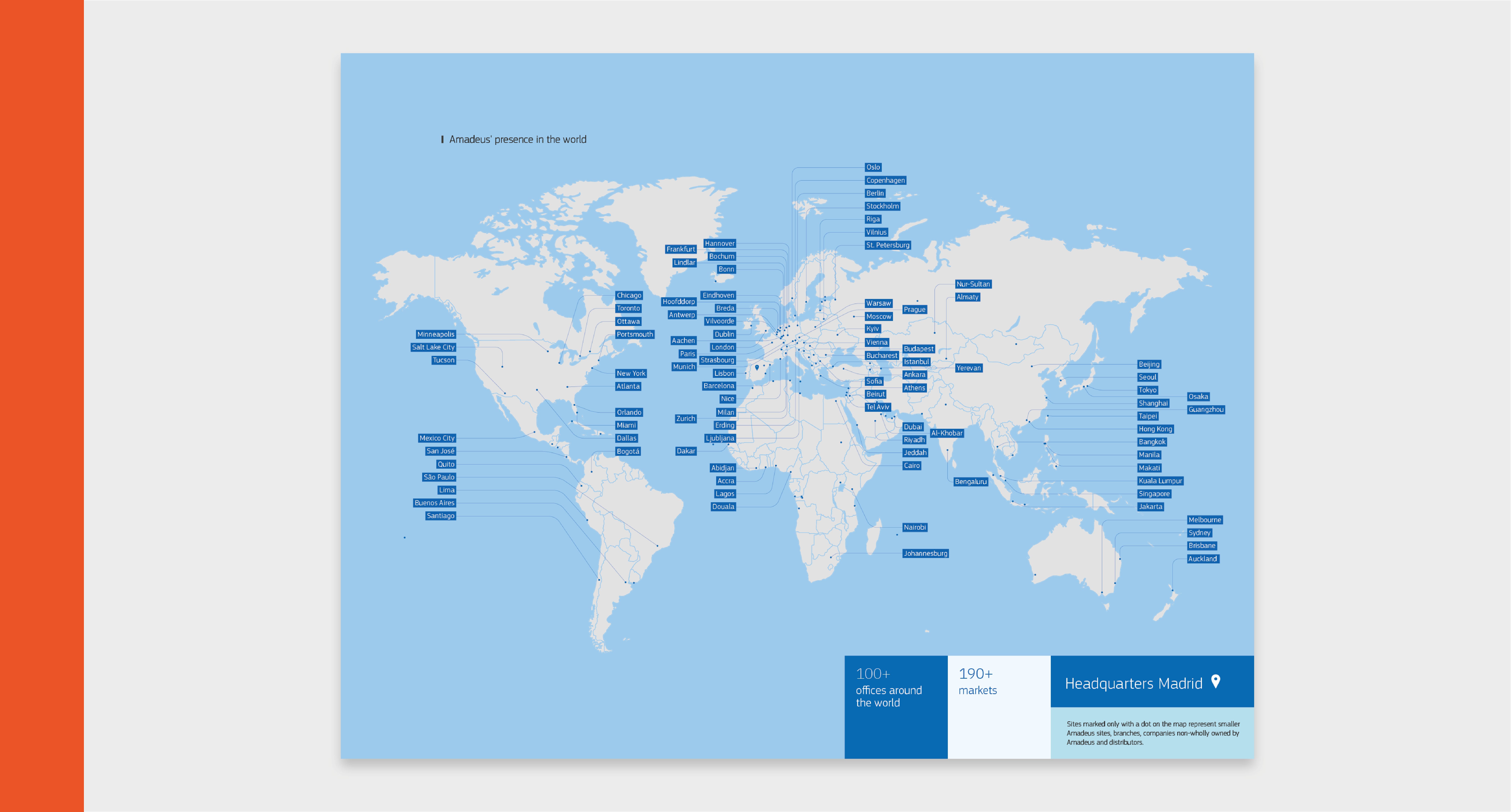 Map of Amadeus presence in the world, with headquarters in Madrid and more than a hundred offices around the globe, including Amadeus sites, branches, companies non-wholly owned by Amadeus and distributors.